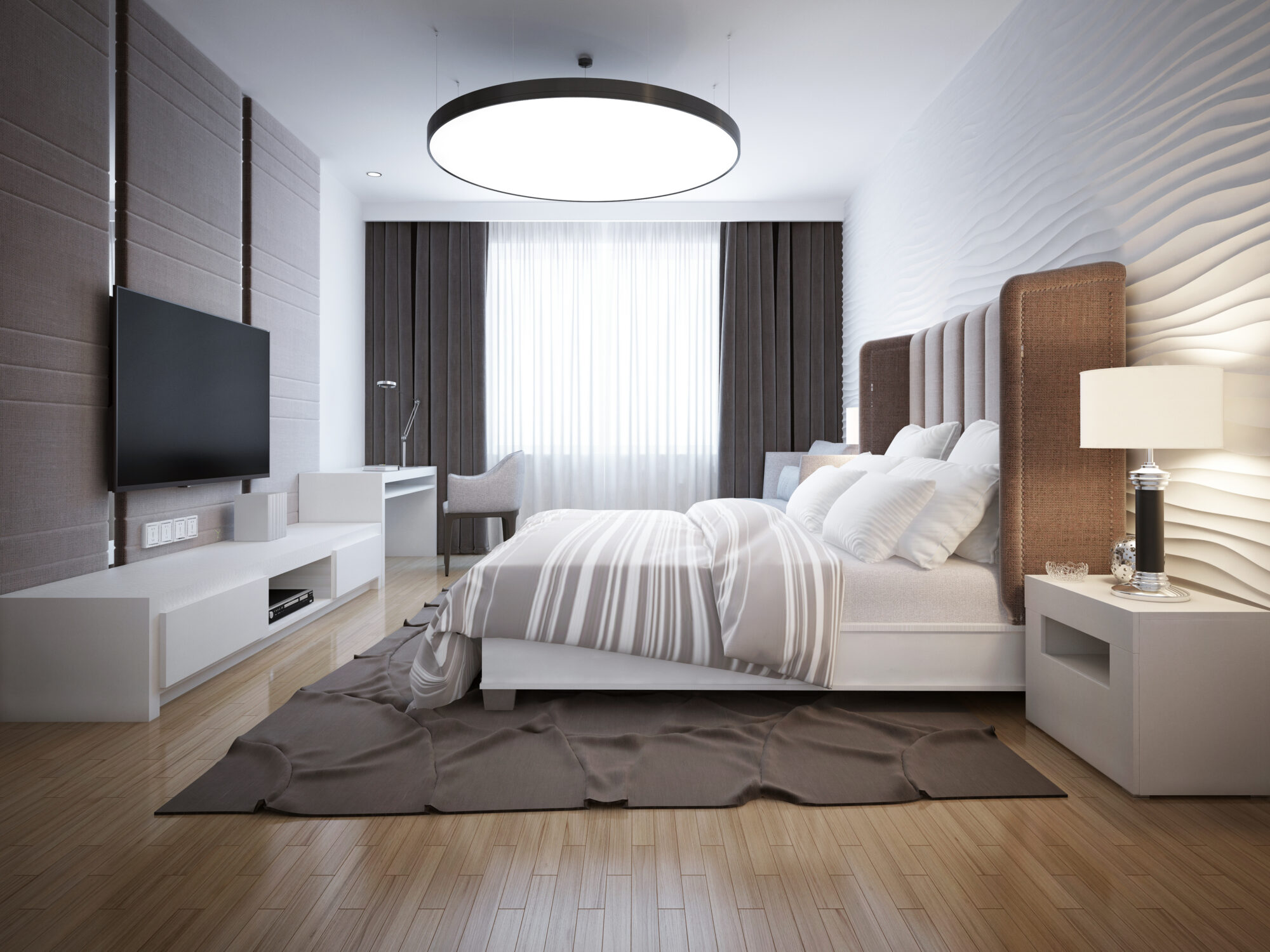 Bright design of contemporary bedroom. Bedroom with white furniture, light wood parquet floor. Beautiful decorative walls and large windows with black curtains. 3D render